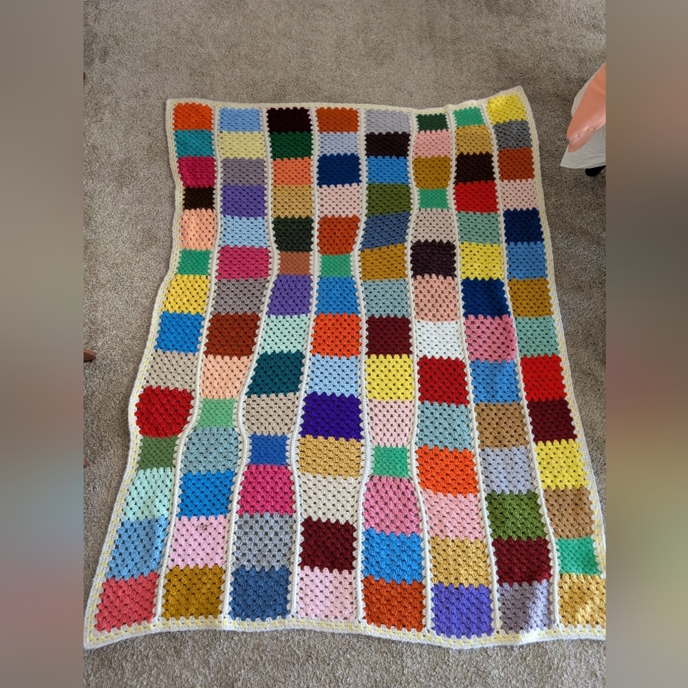 See Photos Vintage Handmade Granny Square Afghan Crochet Throw Blanket  50X70